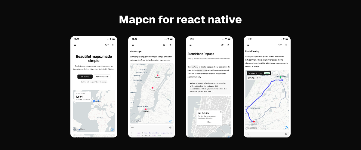 mapcn for react native — Free, open-source, ready-to-use, customizable map components for React Native and Expo.…